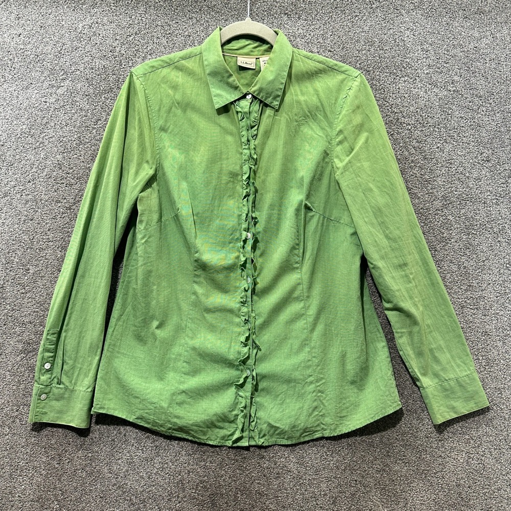 LL Bean Button Up Top Women Medium Green Cotton Long Sleeve Ruffle Front‎ Shirt